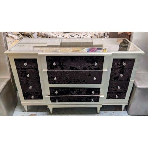 635 - BANK OF DRAWERS, 140cm x 55cm x 87cm H, the antiqued mirrored top on a base in a silvered finish wit... 