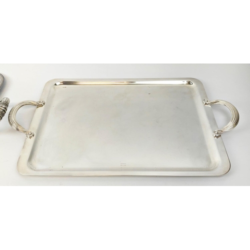 64 - TWO CHRISTOFLE SILVER PLATED TWIN HANDLED SERVING TRAYS, largest 60cm x 39cm, complete with cloth co... 