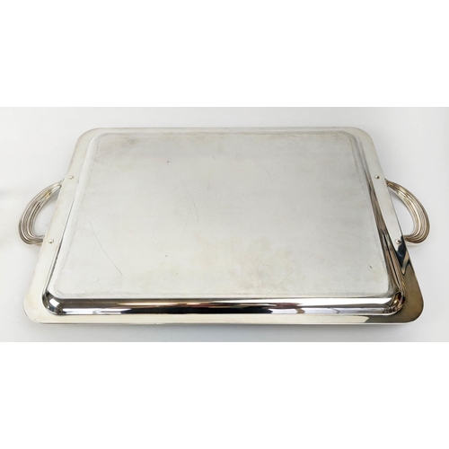 64 - TWO CHRISTOFLE SILVER PLATED TWIN HANDLED SERVING TRAYS, largest 60cm x 39cm, complete with cloth co... 