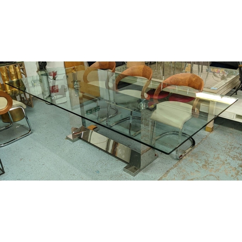 641 - DINING TABLE, 120cm D x 240cm L x 77cm H, glass top on a metal base.