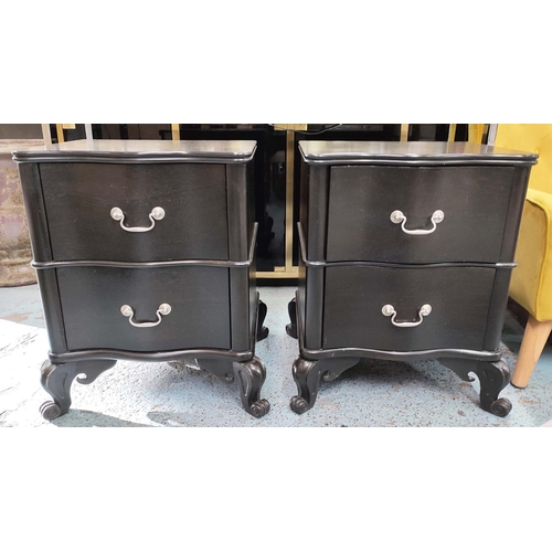 642 - JULIAN CHICHESTER WAVES BEDSIDE CHESTS, pair, ebonised oak, finish, fitted with two drawers, scrolle... 