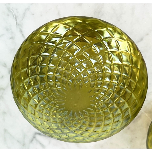 85 - LOETZ BOWLS, a pair, iridescent green glass and a pair of green with  gilt decoration bohemia vases,... 