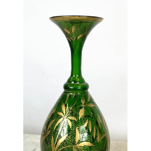 85 - LOETZ BOWLS, a pair, iridescent green glass and a pair of green with  gilt decoration bohemia vases,... 