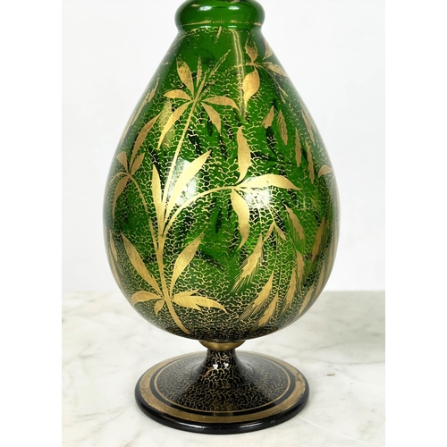 85 - LOETZ BOWLS, a pair, iridescent green glass and a pair of green with  gilt decoration bohemia vases,... 