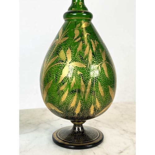 85 - LOETZ BOWLS, a pair, iridescent green glass and a pair of green with  gilt decoration bohemia vases,... 