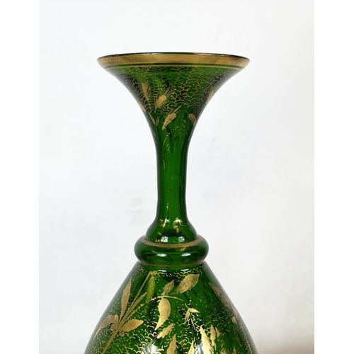 85 - LOETZ BOWLS, a pair, iridescent green glass and a pair of green with  gilt decoration bohemia vases,... 