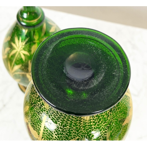 85 - LOETZ BOWLS, a pair, iridescent green glass and a pair of green with  gilt decoration bohemia vases,... 