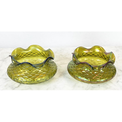 85 - LOETZ BOWLS, a pair, iridescent green glass and a pair of green with  gilt decoration bohemia vases,... 