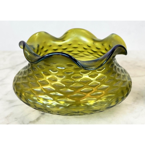 85 - LOETZ BOWLS, a pair, iridescent green glass and a pair of green with  gilt decoration bohemia vases,... 