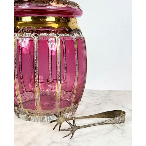 86 - BOHEMIA CZECH PUNCH BOWL AND LADLE, cranberry and gilt cut glass along with silver ice tongs, approx... 
