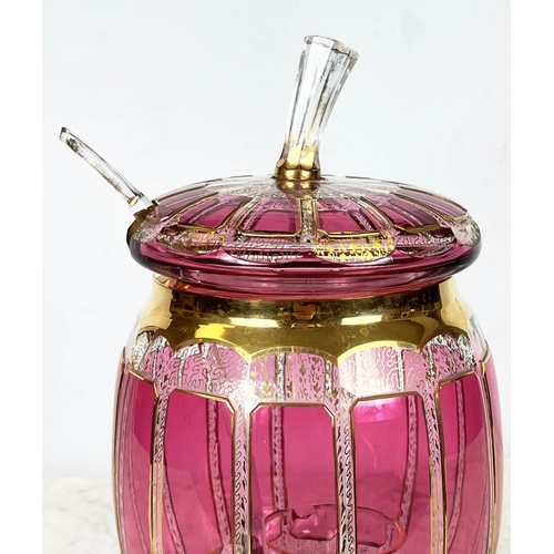 86 - BOHEMIA CZECH PUNCH BOWL AND LADLE, cranberry and gilt cut glass along with silver ice tongs, approx... 