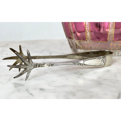 86 - BOHEMIA CZECH PUNCH BOWL AND LADLE, cranberry and gilt cut glass along with silver ice tongs, approx... 