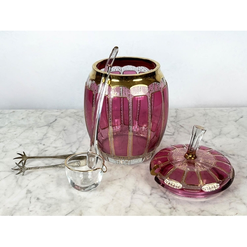 86 - BOHEMIA CZECH PUNCH BOWL AND LADLE, cranberry and gilt cut glass along with silver ice tongs, approx... 