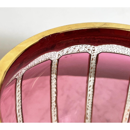 86 - BOHEMIA CZECH PUNCH BOWL AND LADLE, cranberry and gilt cut glass along with silver ice tongs, approx... 