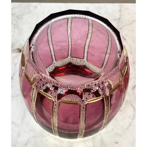 86 - BOHEMIA CZECH PUNCH BOWL AND LADLE, cranberry and gilt cut glass along with silver ice tongs, approx... 