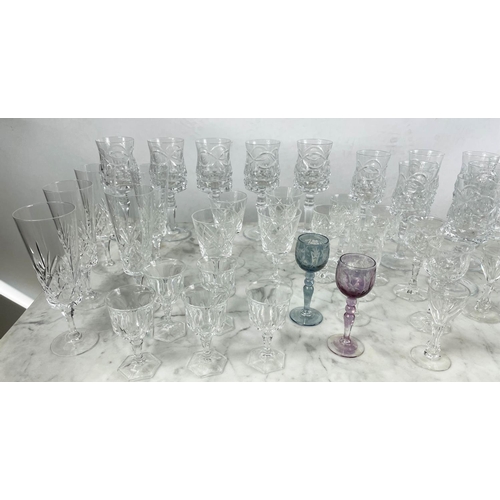 9 - A QUANTITY OF CUT GLASS, including six cut glass wine glasses, nine claret glasses, champagne flutes... 