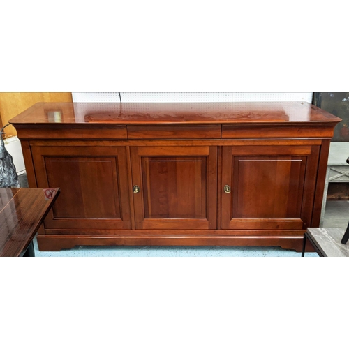 607 - GRANGE SIDEBOARD, 209cm L x 98cm x 55cm with three drawers above three panelled doors enclosing shel... 