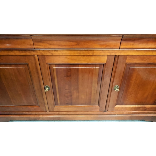 607 - GRANGE SIDEBOARD, 209cm L x 98cm x 55cm with three drawers above three panelled doors enclosing shel... 