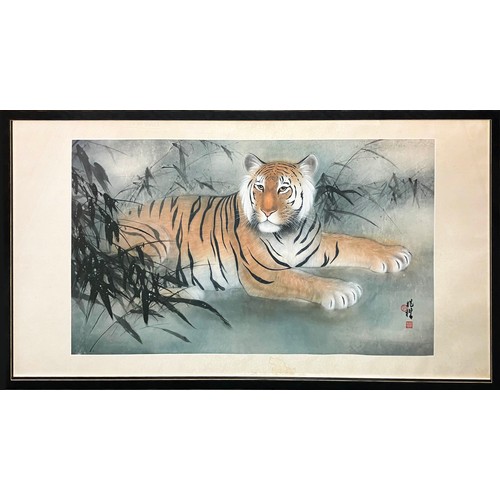 88 - ZHAO KEI (China, early/mid 20th century), 'Tiger', watercolour, 60cm x 110cm, signed with symbols, f... 