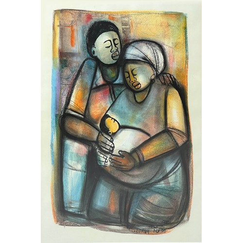 117 - GODFREY NDABA (born 1947, South Africa) 'Family', crayon and water colour, 53cm x 40cm, signed and d... 