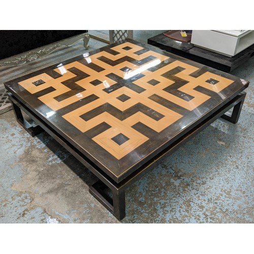 643 - LOW TABLE, beech and ebony parquetry veneered to top, brass framed support, bronze finish, 40cm H x ... 