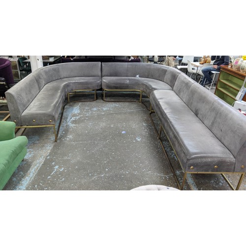 645 - CORNER SOFA SET, formed of three sections, grey leather upholstered, contemporary design, raised on ... 