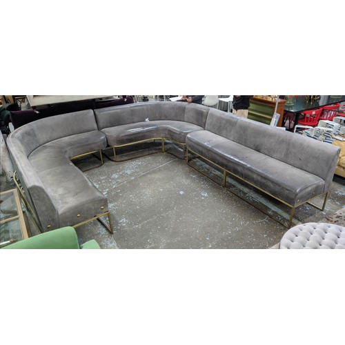 645 - CORNER SOFA SET, formed of three sections, grey leather upholstered, contemporary design, raised on ... 