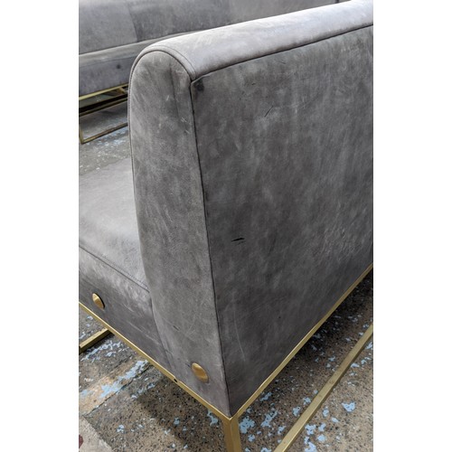 645 - CORNER SOFA SET, formed of three sections, grey leather upholstered, contemporary design, raised on ... 