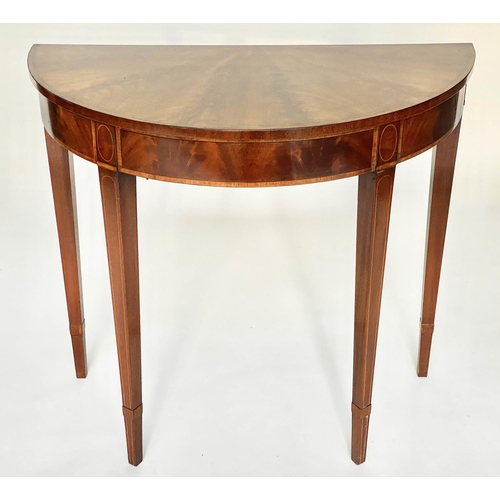 644 - HALL TABLE, George III style flame mahogany and crossbanded semi circular with radial veneered top, ... 