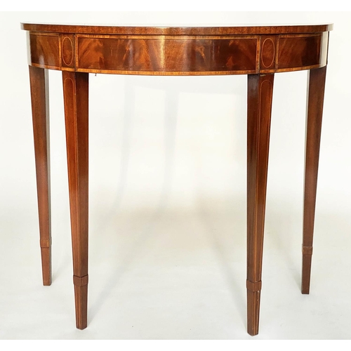 644 - HALL TABLE, George III style flame mahogany and crossbanded semi circular with radial veneered top, ... 