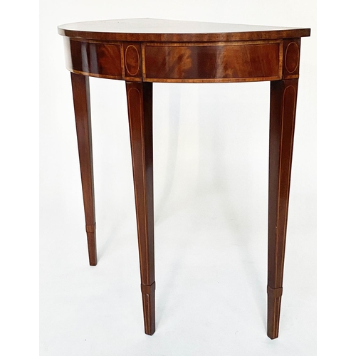 644 - HALL TABLE, George III style flame mahogany and crossbanded semi circular with radial veneered top, ... 