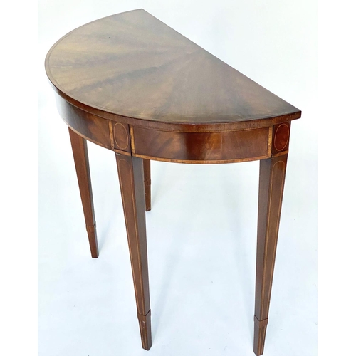 644 - HALL TABLE, George III style flame mahogany and crossbanded semi circular with radial veneered top, ... 