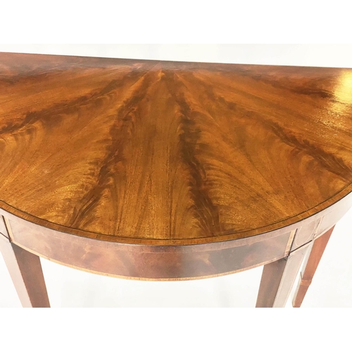 644 - HALL TABLE, George III style flame mahogany and crossbanded semi circular with radial veneered top, ... 