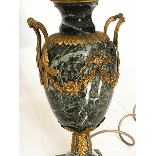 72 - TABLE LAMPS, a pair, green marble and ormolu mounted with handles, swag decoration and plinth bases ... 