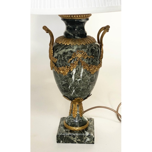 72 - TABLE LAMPS, a pair, green marble and ormolu mounted with handles, swag decoration and plinth bases ... 