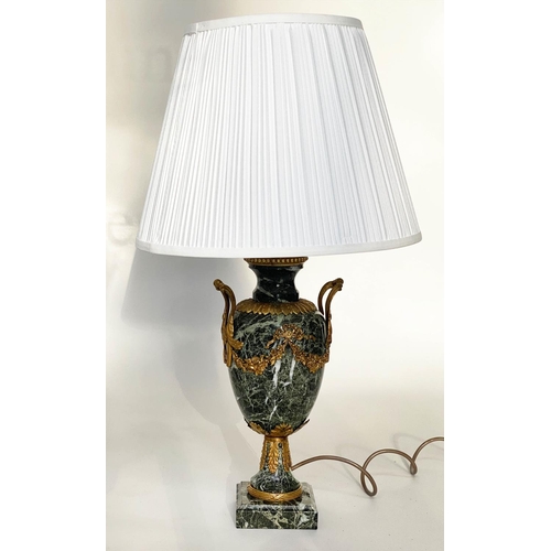 72 - TABLE LAMPS, a pair, green marble and ormolu mounted with handles, swag decoration and plinth bases ... 