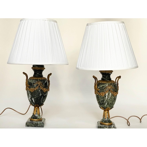 72 - TABLE LAMPS, a pair, green marble and ormolu mounted with handles, swag decoration and plinth bases ... 