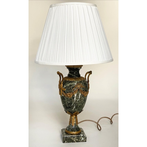 72 - TABLE LAMPS, a pair, green marble and ormolu mounted with handles, swag decoration and plinth bases ... 