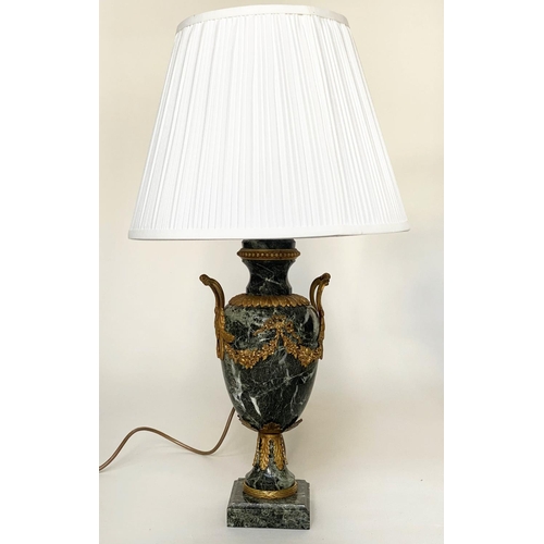72 - TABLE LAMPS, a pair, green marble and ormolu mounted with handles, swag decoration and plinth bases ... 