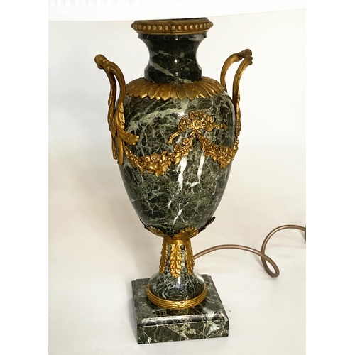 72 - TABLE LAMPS, a pair, green marble and ormolu mounted with handles, swag decoration and plinth bases ... 