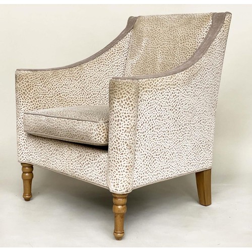 622 - ARMCHAIRS, a pair, pale grey velvet and cut velvet with scroll arms and tapering supports, 75cm. (2)