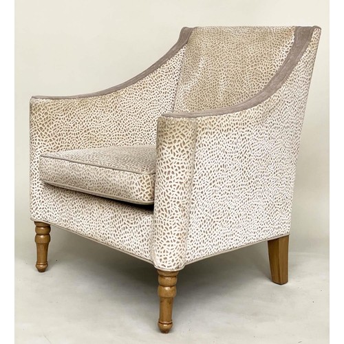 622 - ARMCHAIRS, a pair, pale grey velvet and cut velvet with scroll arms and tapering supports, 75cm. (2)