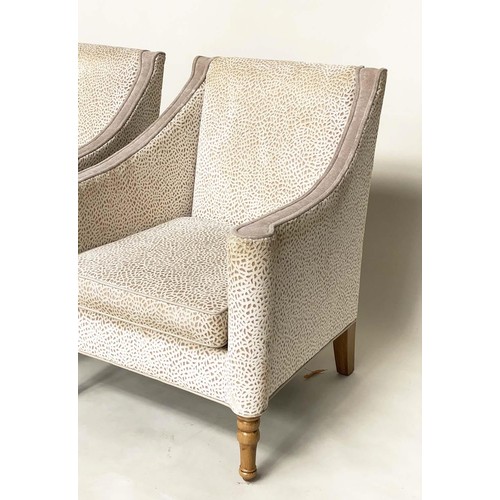 622 - ARMCHAIRS, a pair, pale grey velvet and cut velvet with scroll arms and tapering supports, 75cm. (2)