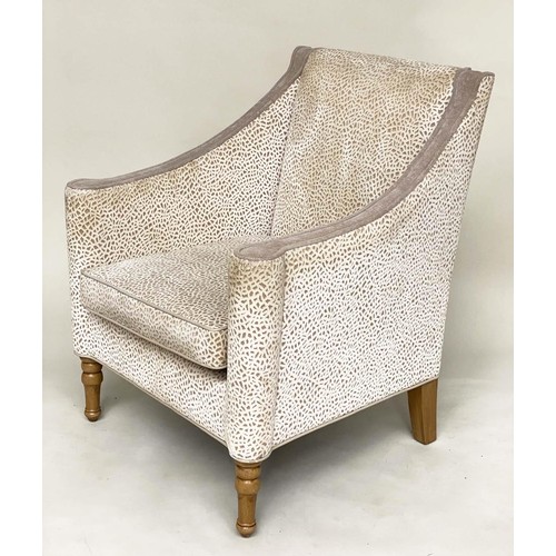 622 - ARMCHAIRS, a pair, pale grey velvet and cut velvet with scroll arms and tapering supports, 75cm. (2)