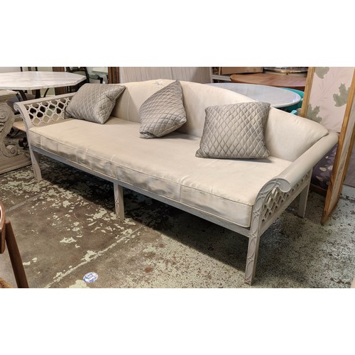 625 - CONSERVATORY SOFA, 92cm high, 250cm wide, 100cm deep, with grey painted lattice frame.