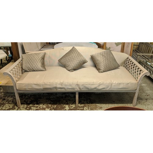 625 - CONSERVATORY SOFA, 92cm high, 250cm wide, 100cm deep, with grey painted lattice frame.