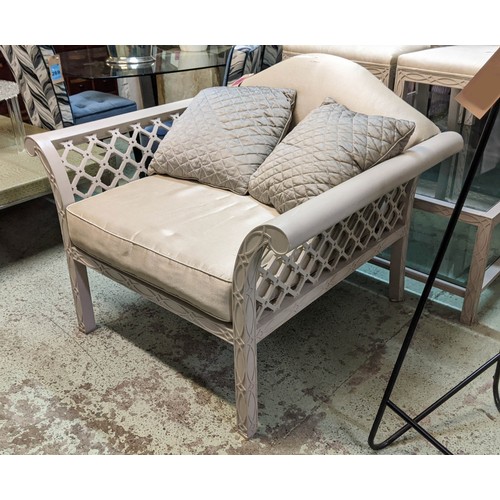 626 - CONSERVATORY ARMCHAIRS, 92cm high, 110cm wide, 98cm deep, a pair, grey painted with lattice detail. ... 