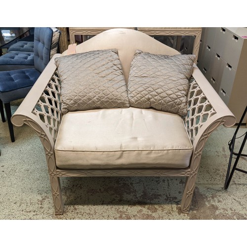 626 - CONSERVATORY ARMCHAIRS, 92cm high, 110cm wide, 98cm deep, a pair, grey painted with lattice detail. ... 