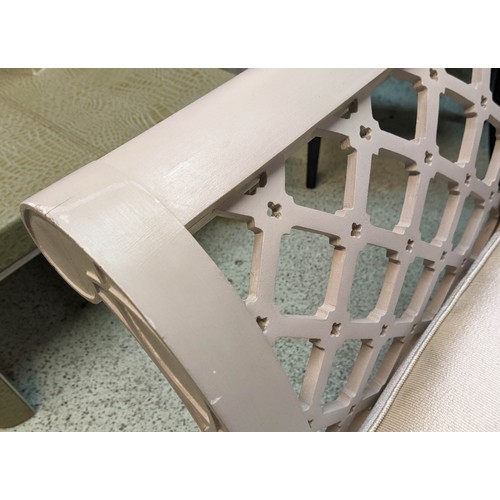 626 - CONSERVATORY ARMCHAIRS, 92cm high, 110cm wide, 98cm deep, a pair, grey painted with lattice detail. ... 