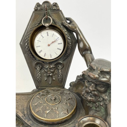 98 - MAISON GIROUX PARIS BRONZE WATCH STAND, late 19th century incorporating a central inkwell and two ca... 
